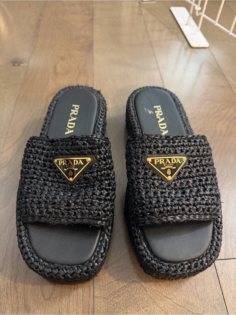 Prada Black Woven Raffia Slide Sandals with Gold Logo